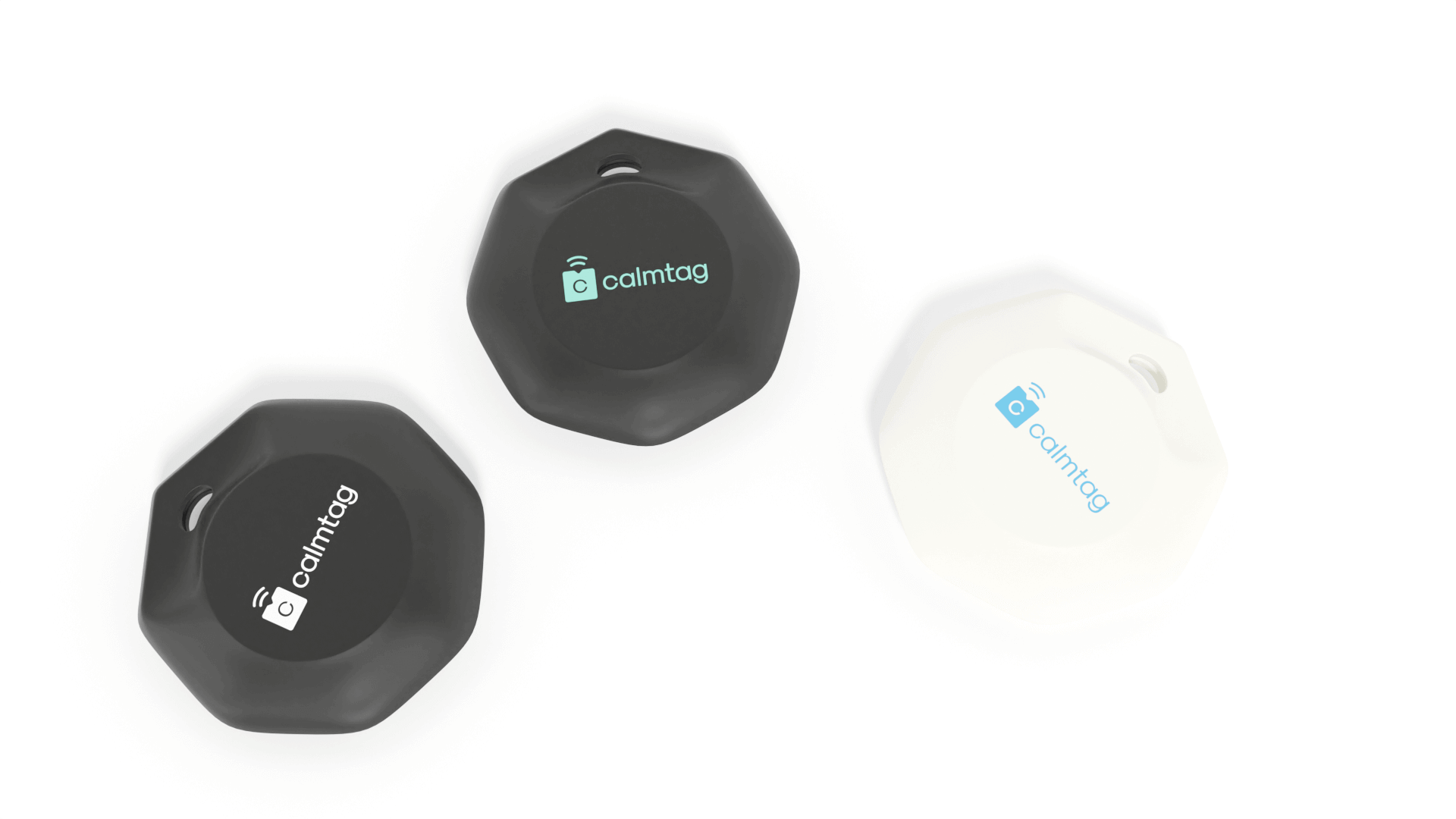 Three colour variants of the Calmtag geolocation device in 3D modelling with modern finishes