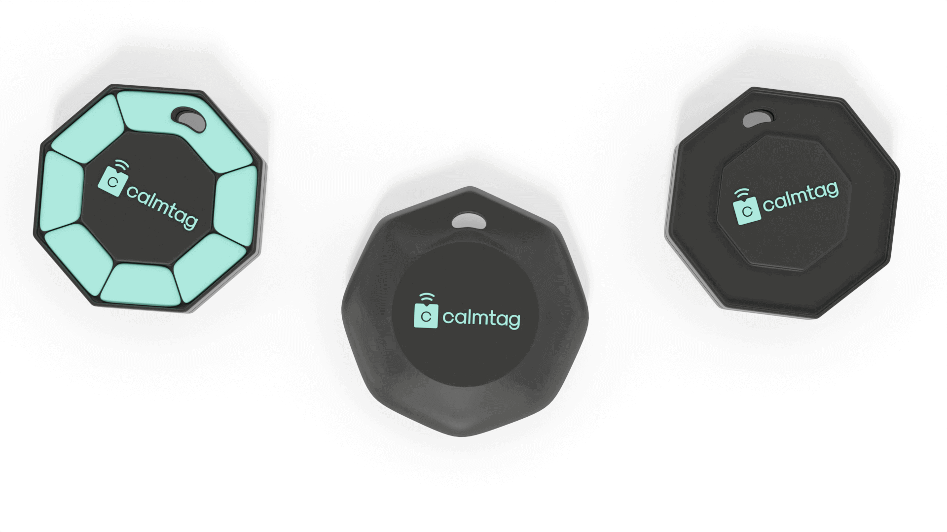 Three 3D models of the Calmtag GPS device in different design versions for comparative evaluation