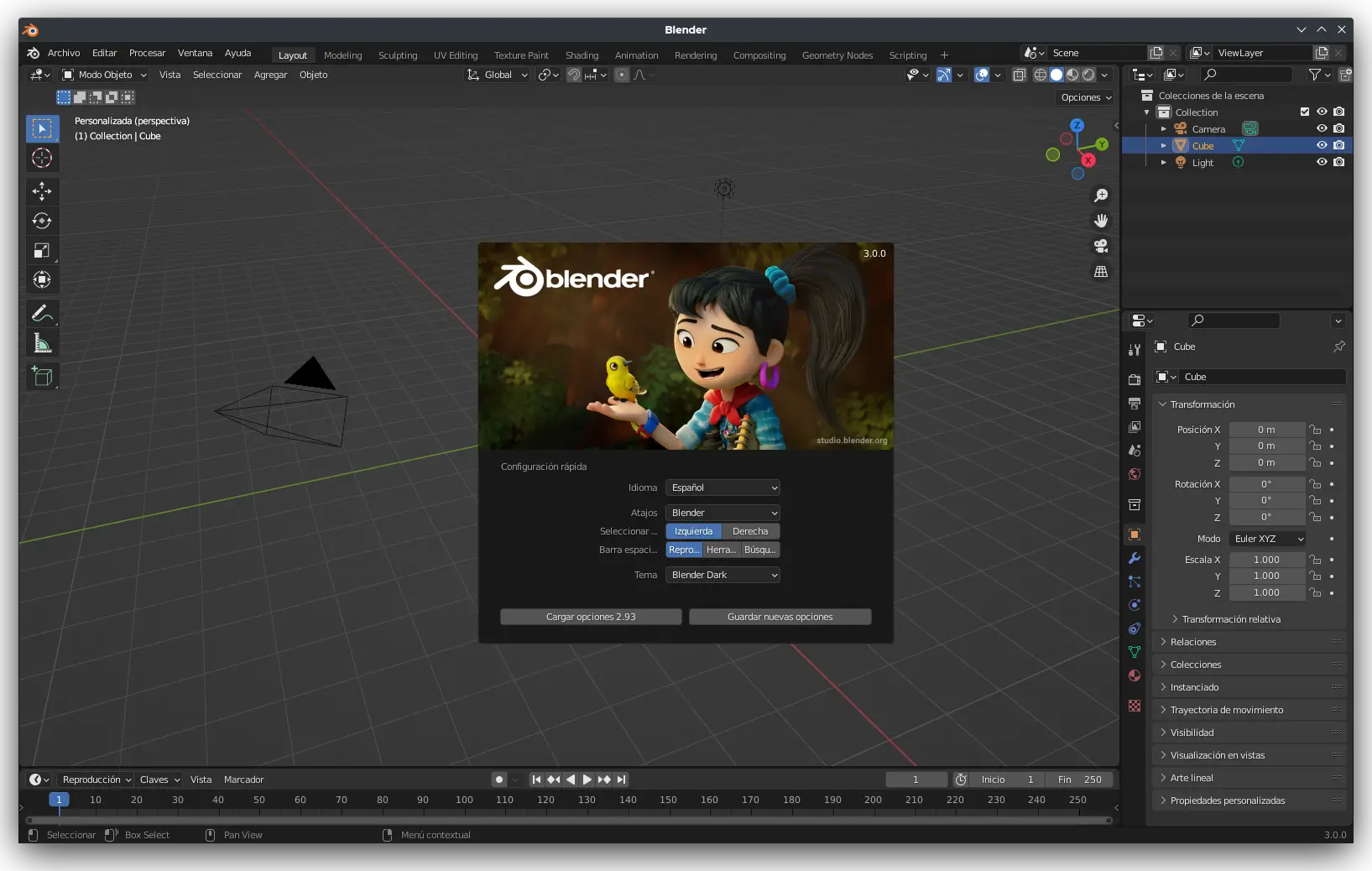 Interfaz del software de modelado 3D Blender