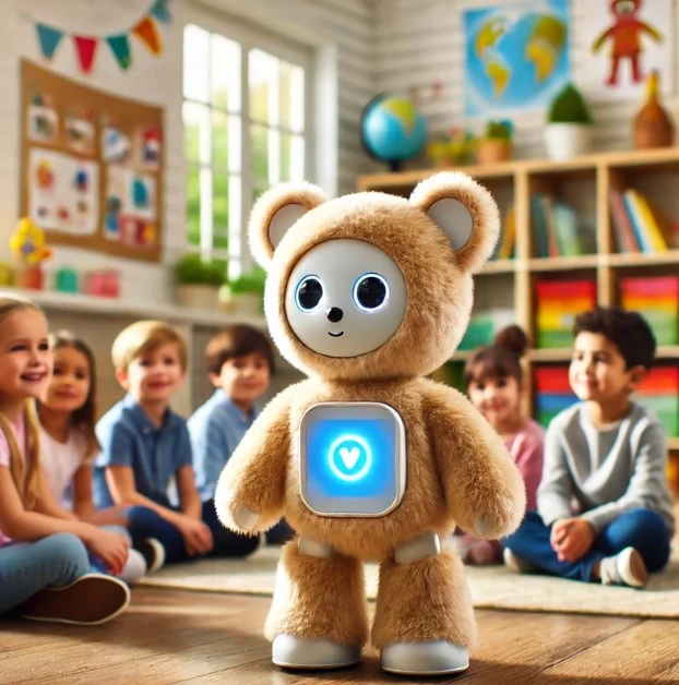 Baru educational chatbot in plush toy form with a child-friendly interface screen for infant and primary school children