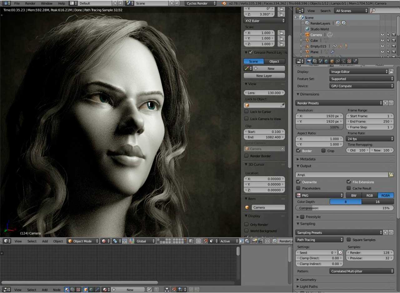 Interfaz del software Blender con proyecto de modelado 3D
