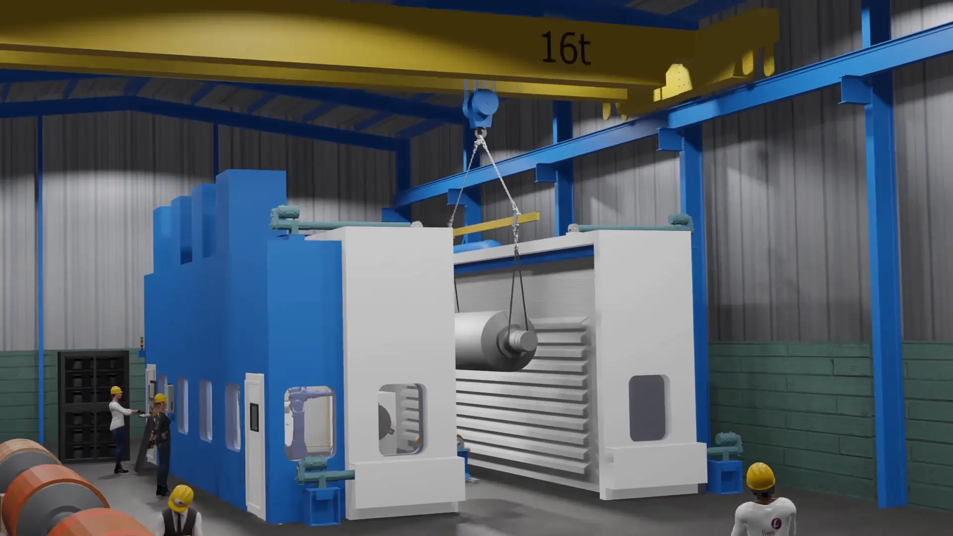 Animación 3D del proceso de laminación de rodillos industriales