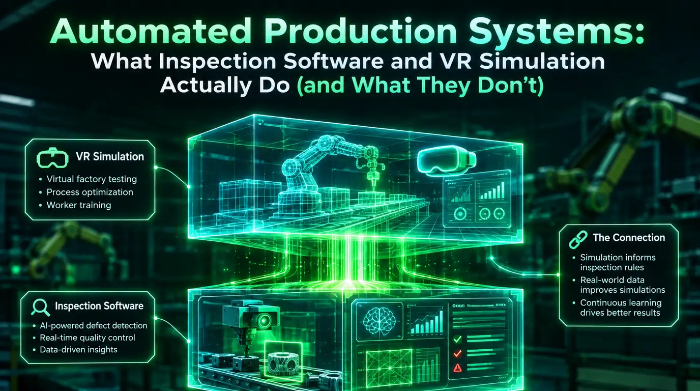 Automated production systems — a two-tier hologram above a factory floor: VR simulation for virtual factory testing, process optimisation and worker training on top, inspection software for defect detection and real-time quality control below, joined by the loop that feeds real production data back into the simulation