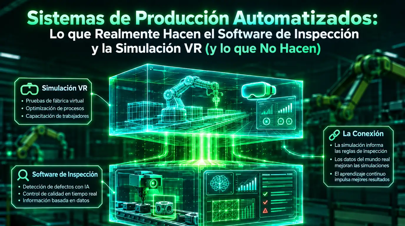 Sistemas de producción automatizados — holograma de dos niveles sobre una planta: arriba la simulación VR para prueba virtual de fábrica, optimización de proceso y formación de operarios; abajo el software de inspección para detección de defectos y control de calidad en tiempo real, unidos por el bucle que devuelve el dato real de producción a la simulación