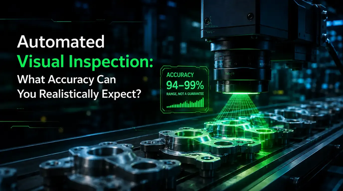Automated visual inspection — an industrial machine-vision camera projecting a structured-light grid onto machined metal parts moving along a conveyor, with a live accuracy readout beside the lens