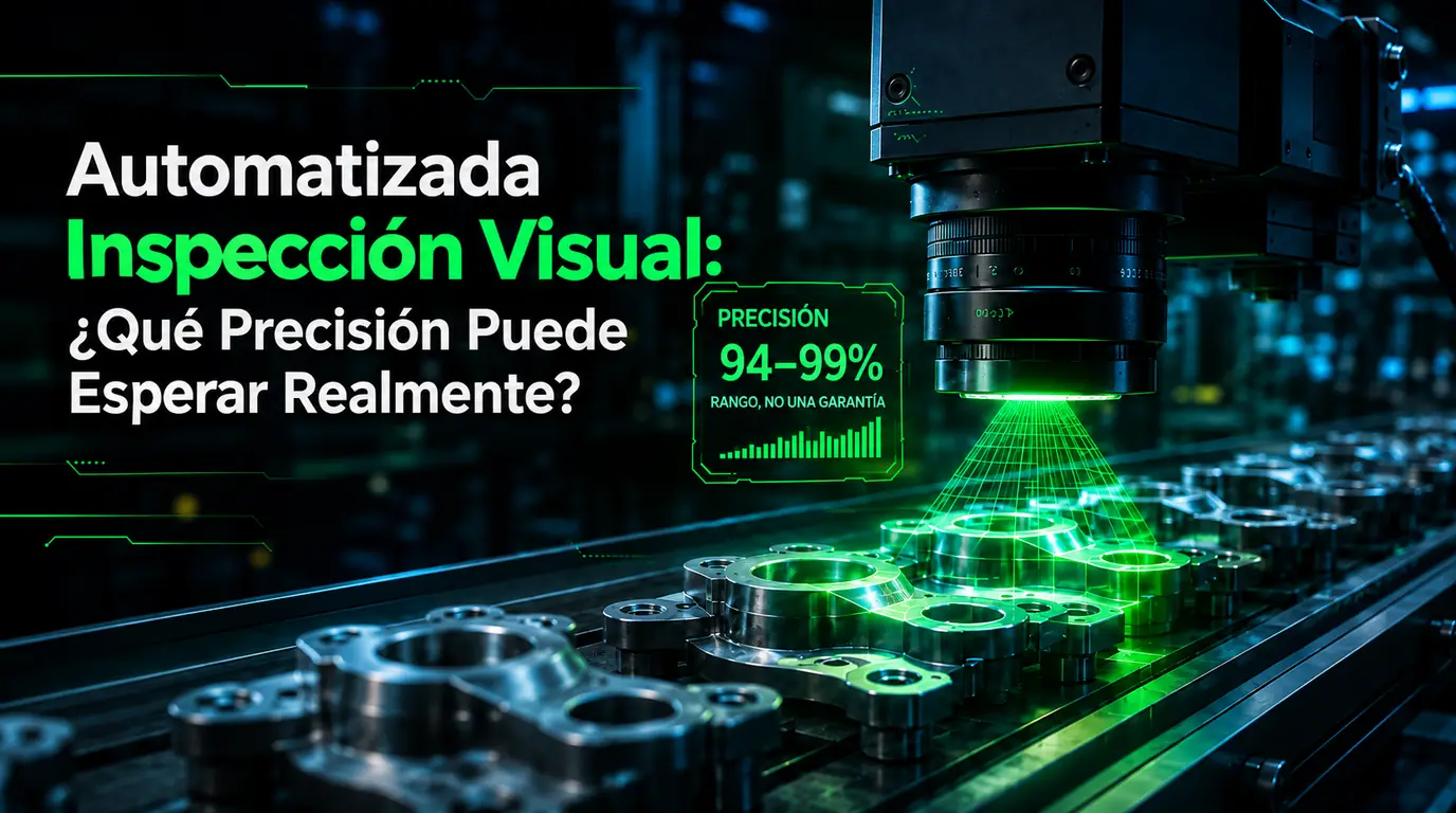 Inspección visual automatizada — una cámara industrial de visión artificial proyecta una retícula de luz estructurada sobre piezas metálicas mecanizadas en una cinta transportadora, con una lectura de precisión en vivo junto al objetivo