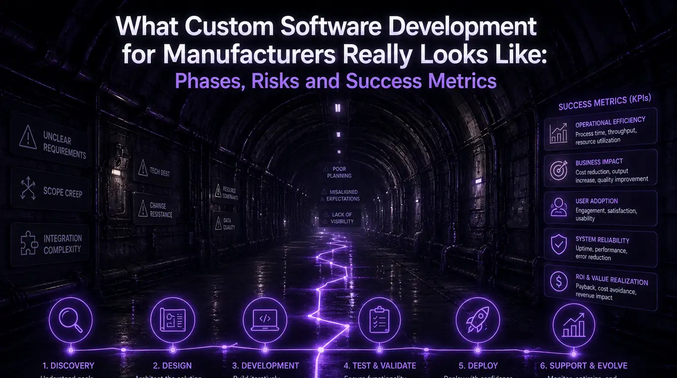 Custom software development for manufacturers — six numbered phases from discovery to support and evolve running the length of an industrial tunnel, with the risks that derail each phase above the line and the success metrics that prove it worked to the side