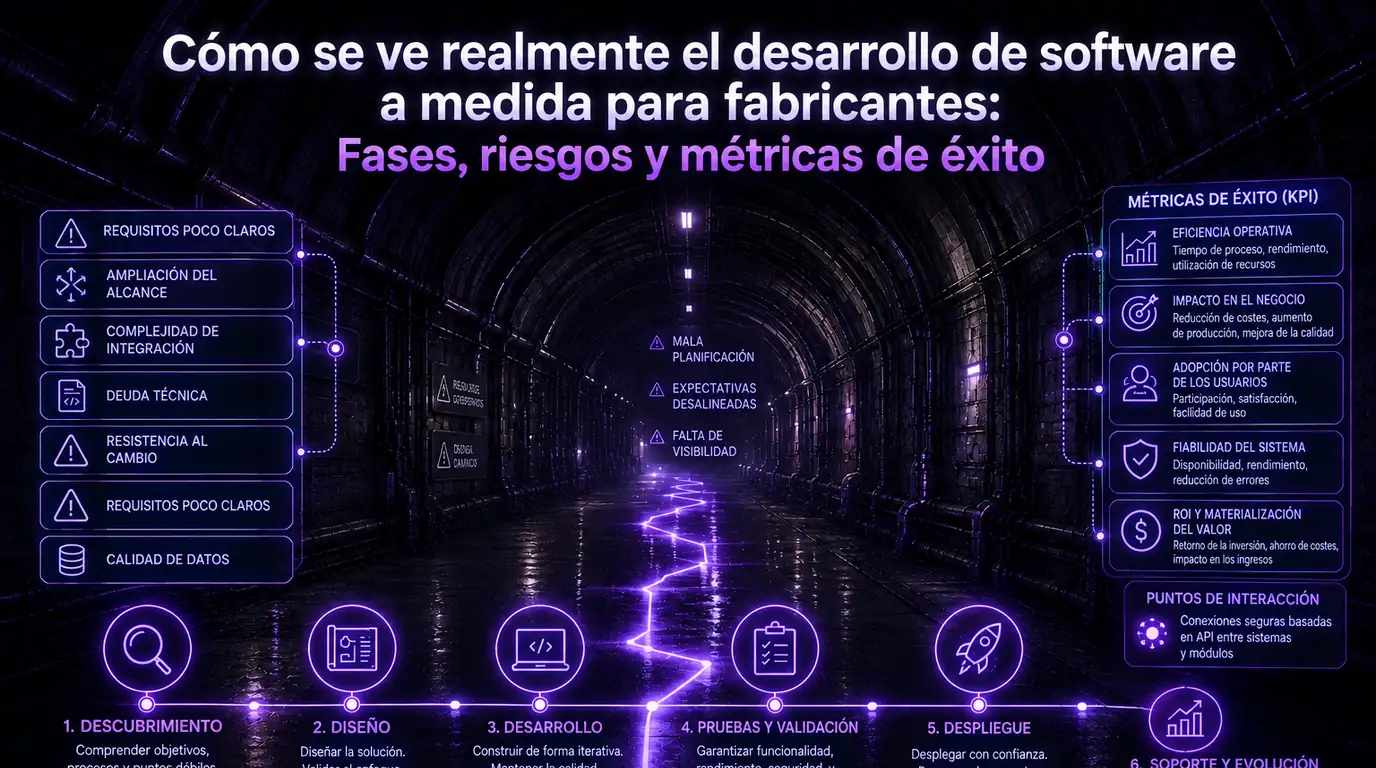 Desarrollo de software a medida para fabricantes — seis fases numeradas, de discovery a soporte y evolución, recorriendo un túnel industrial, con los riesgos que descarrilan cada fase por encima de la línea y las métricas de éxito que demuestran que ha funcionado a un lado