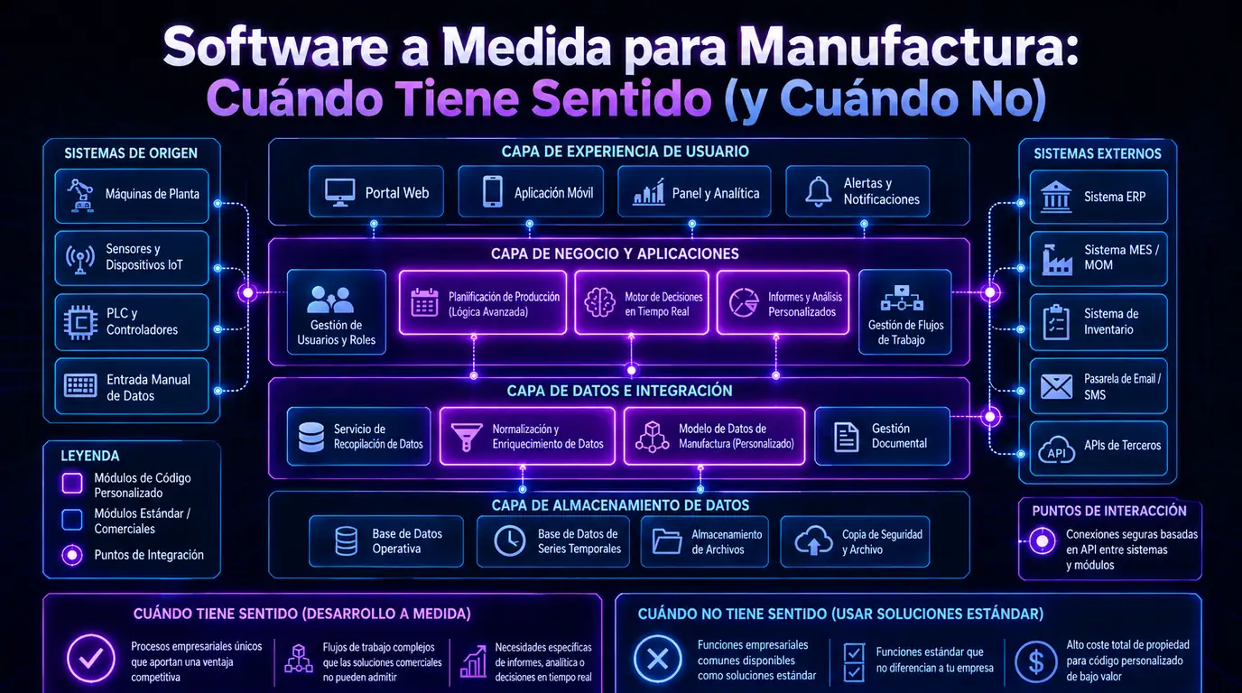 Software a medida para industria — mapa de arquitectura de cuatro capas que va de las máquinas de planta, sensores y PLCs a las capas de datos, aplicación y experiencia de usuario, y de ahí a ERP, MES, inventario y APIs de terceros, señalando qué módulos son a medida y cuáles estándar, y en qué condiciones conviene cada uno
