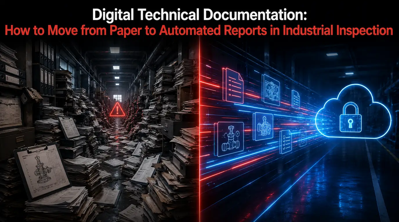 Digital technical documentation — a warehouse aisle stacked with paper inspection files on one side, split by a hard line from structured digital forms and inspection records flowing into a secured cloud on the other