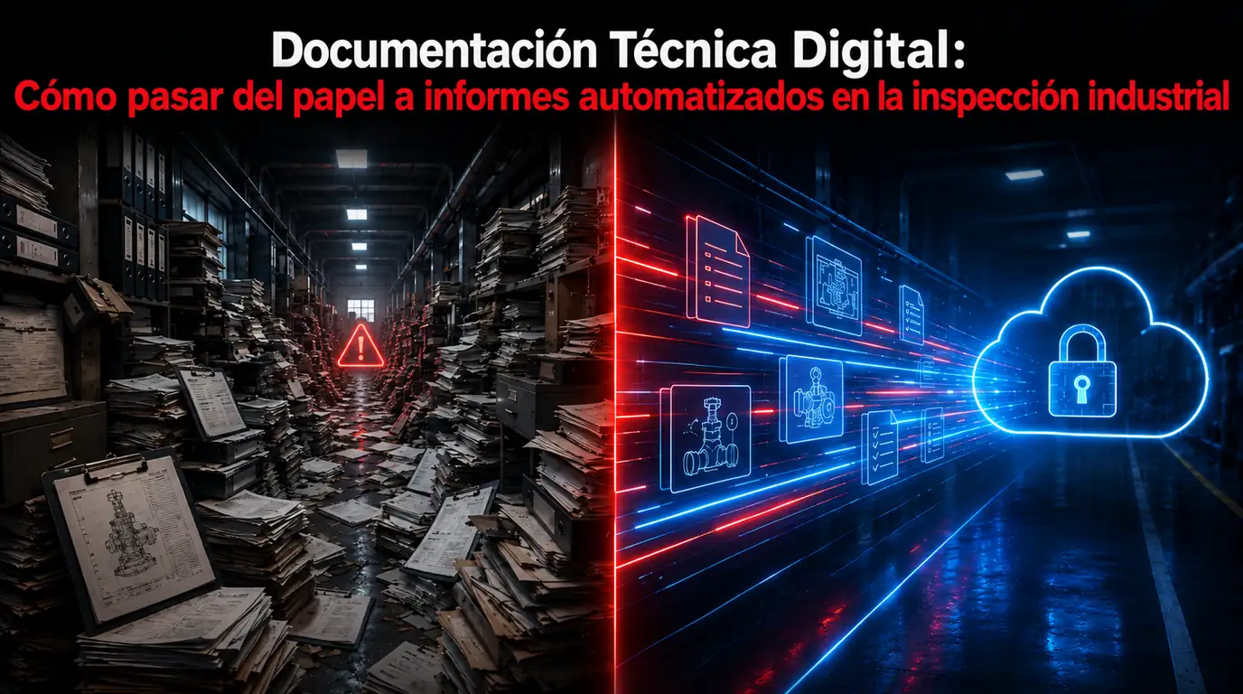 Documentación técnica digital — un pasillo de almacén con actas de inspección apiladas en papel a un lado, separado por una línea neta de los formularios y registros de inspección digitales que fluyen hacia una nube segura al otro