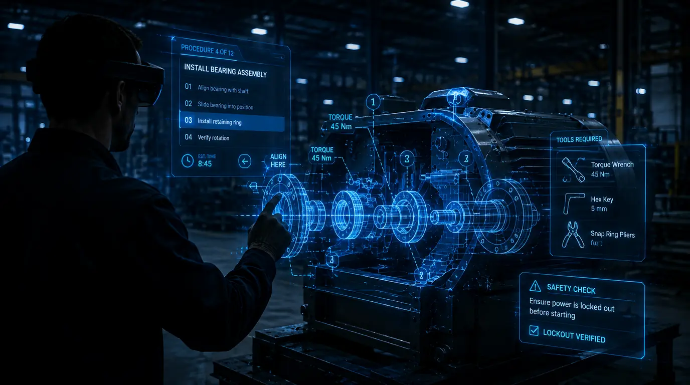 An operator in an AR headset following a step-by-step procedure over an exploded gearbox hologram, with torque values, a required-tools list and a lockout safety check displayed alongside