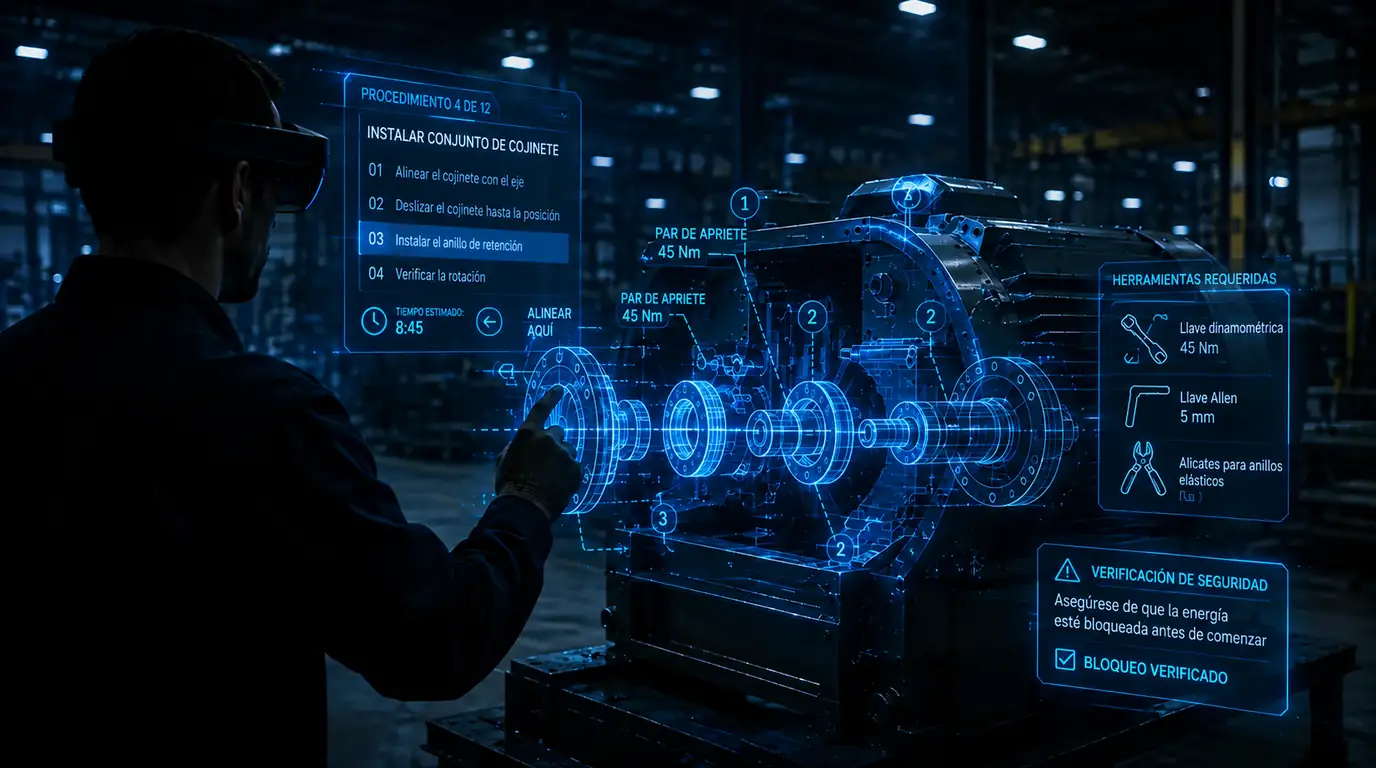 Un operario con visor AR sigue un procedimiento paso a paso sobre el holograma despiezado de un reductor, con valores de par, la lista de herramientas necesarias y una verificación de bloqueo de seguridad
