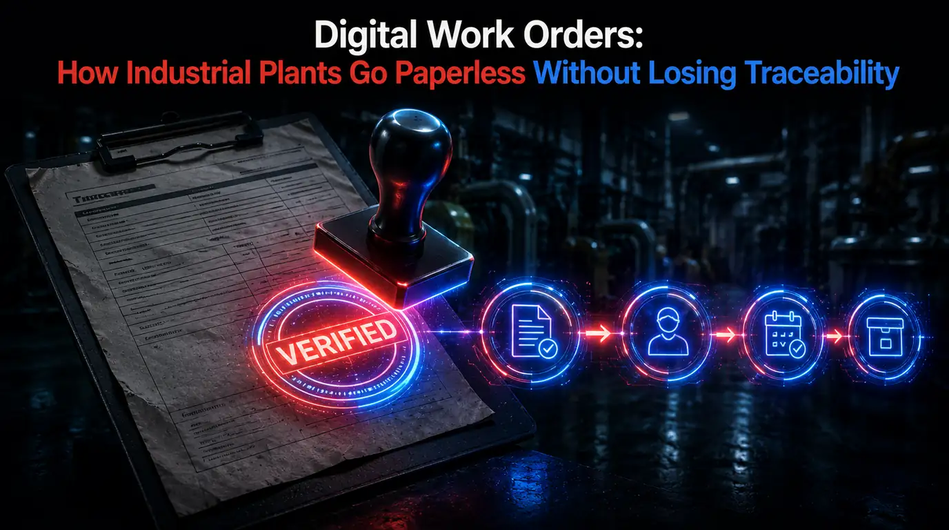 Digital work orders — a paper work order on a clipboard receiving a "verified" stamp, the stamp opening into a chain of digital steps: signed record, assigned technician, scheduled date and archived, retrievable file