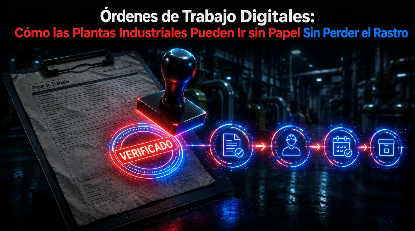Partes de trabajo digitales — un parte en papel sobre un portapapeles recibe el sello de «verificado», y el sello se abre en una cadena de pasos digitales: registro firmado, técnico asignado, fecha planificada y archivo recuperable