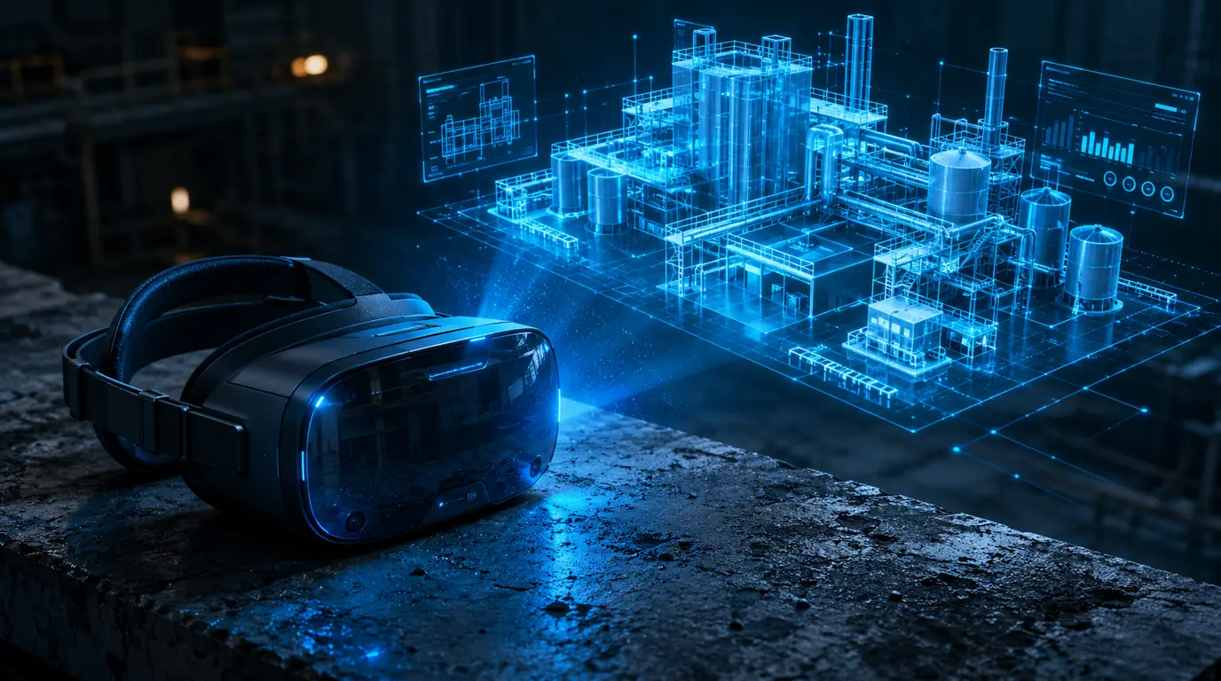 Un visor VR autónomo apoyado sobre hormigón en una obra industrial, proyectando el layout holográfico de una planta de proceso y lecturas de instrumentación