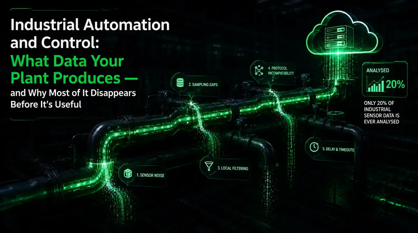 Industrial automation and control data — plant pipework carrying a data stream up toward the cloud, tapped at the five points where data is lost on the way: sensor noise, sampling gaps, local filtering, protocol incompatibility, and delay or timeouts