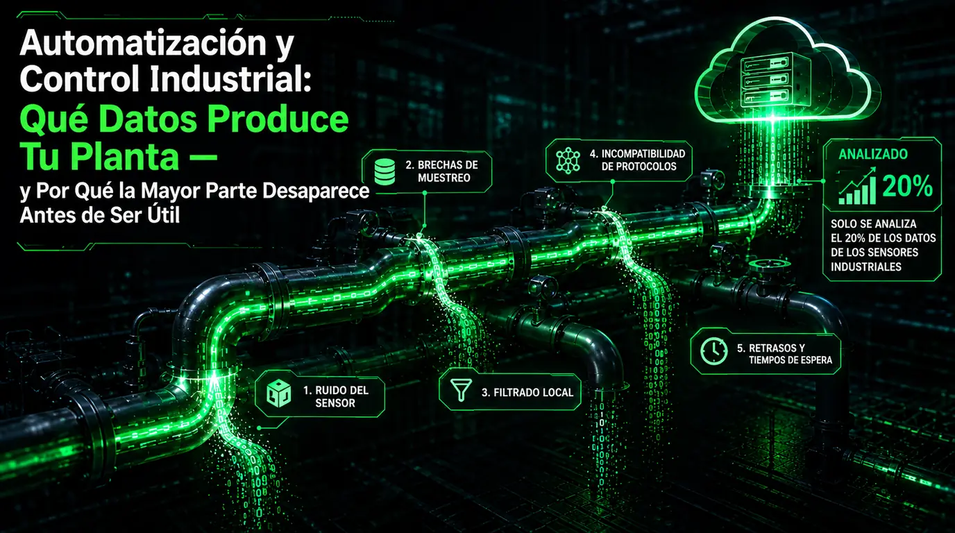 Datos de automatización y control industrial — el tendido de tuberías de una planta transporta un flujo de datos hacia la nube, derivado en los cinco puntos donde el dato se pierde por el camino: ruido de sensor, huecos de muestreo, filtrado local, incompatibilidad de protocolo y retardos o timeouts