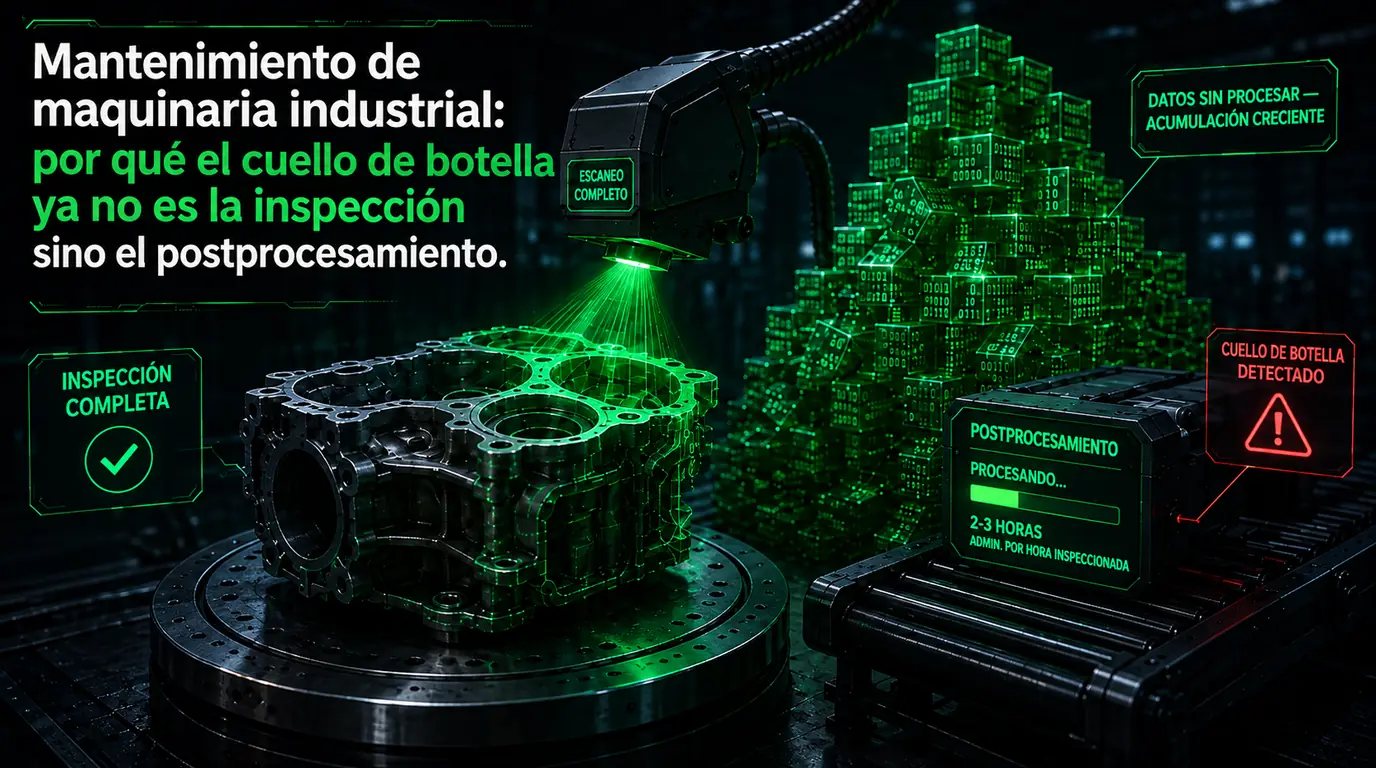 Mantenimiento de maquinaria industrial — un escáner 3D termina una pasada limpia sobre una carcasa mecanizada mientras la nube de puntos que ha generado se acumula sin procesar a su lado y una cola de post-procesado señala dónde está el cuello de botella real