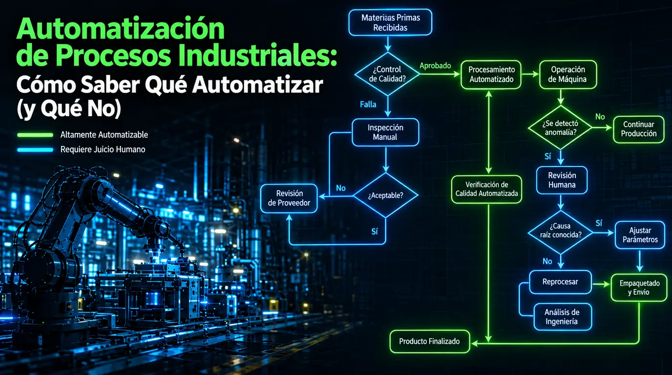 Automatización de procesos industriales — diagrama de flujo de producción desde la recepción de materia prima hasta el producto acabado, con cada paso codificado por color: verde para las rutas altamente automatizables, azul para las decisiones que aún requieren criterio humano