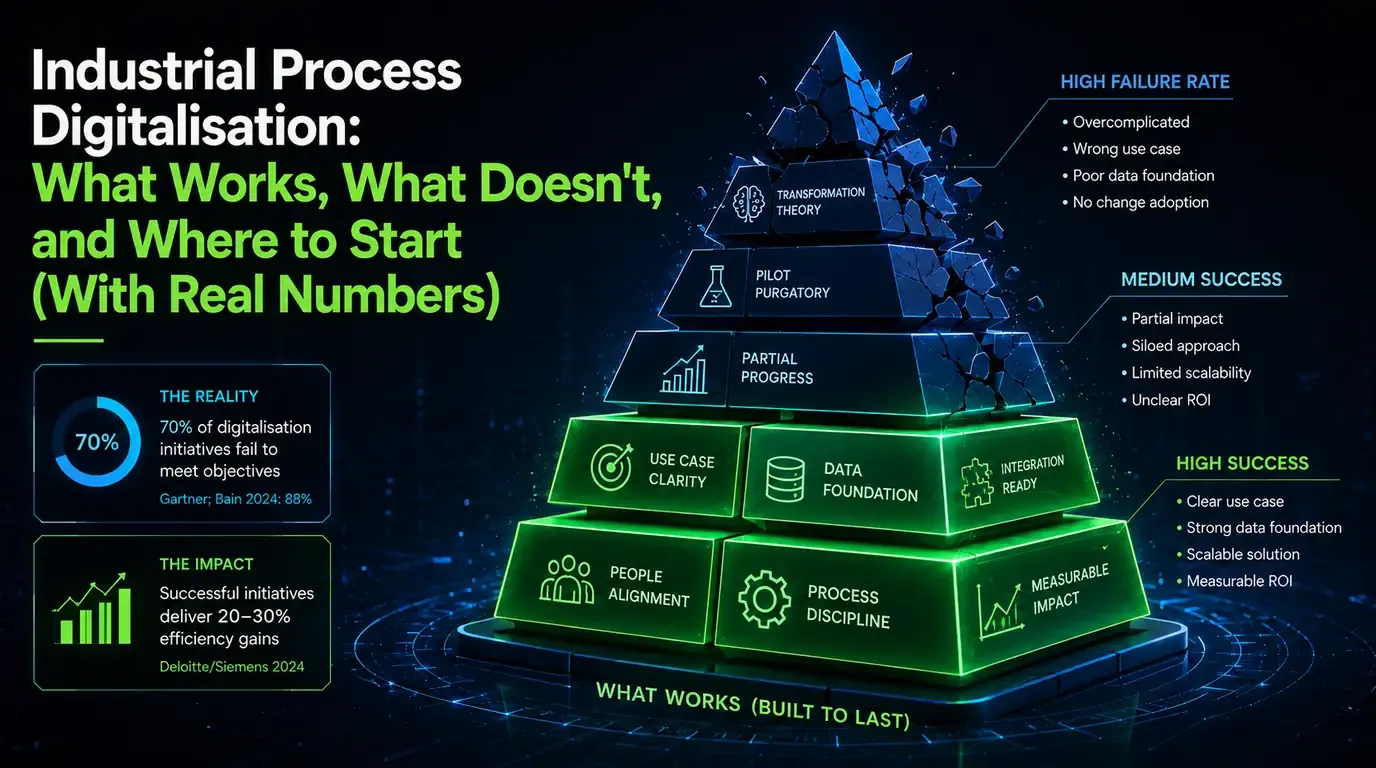 Industrial process digitalisation — a pyramid whose upper blocks (transformation theory, pilot purgatory, partial progress) are crumbling while the base holds: use-case clarity, data foundation, integration readiness, people alignment, process discipline and measurable impact