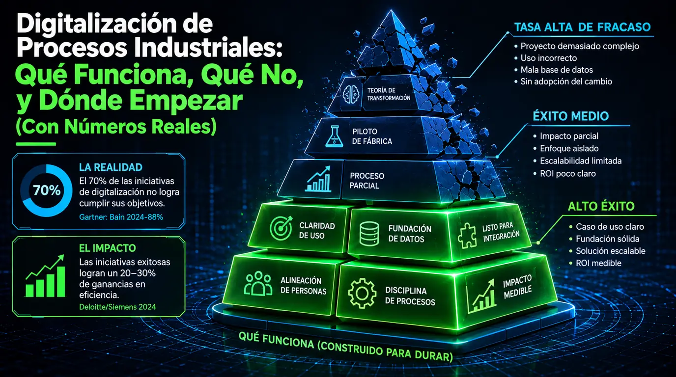 Digitalización de procesos industriales — una pirámide cuyos bloques superiores (teoría de la transformación, purgatorio del piloto, avance parcial) se desmoronan mientras la base aguanta: claridad del caso de uso, base de datos, preparación para integrar, alineación de personas, disciplina de proceso e impacto medible