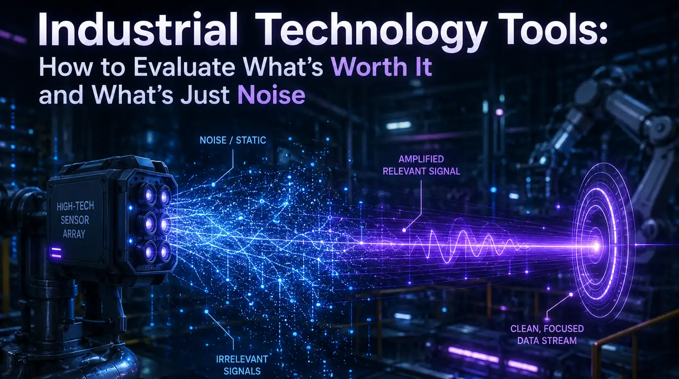 Industrial technology tools — a sensor array on a plant floor emitting a scatter of noise and irrelevant signals that is filtered across the frame into a single clean, focused data stream