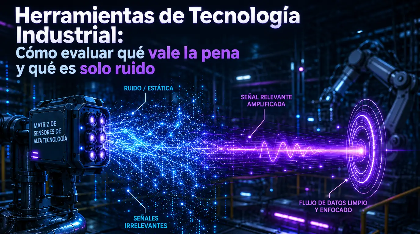 Herramientas tecnológicas en la industria — un array de sensores en planta emite una dispersión de ruido y señales irrelevantes que se filtra a lo largo de la imagen hasta convertirse en un único flujo de datos limpio y enfocado