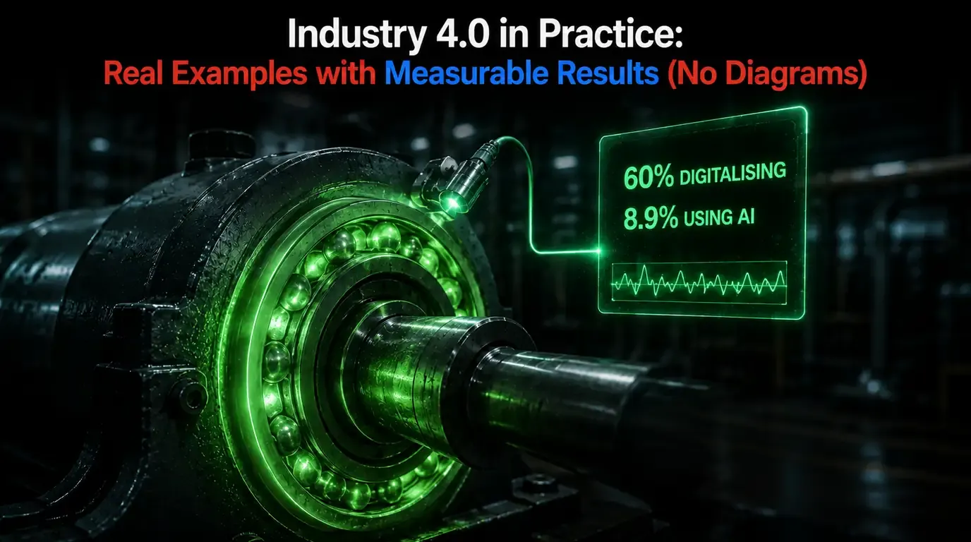 Industry 4.0 in practice — an instrumented industrial bearing assembly on a machine shaft, illuminated and wired to a live monitoring panel reading its running condition