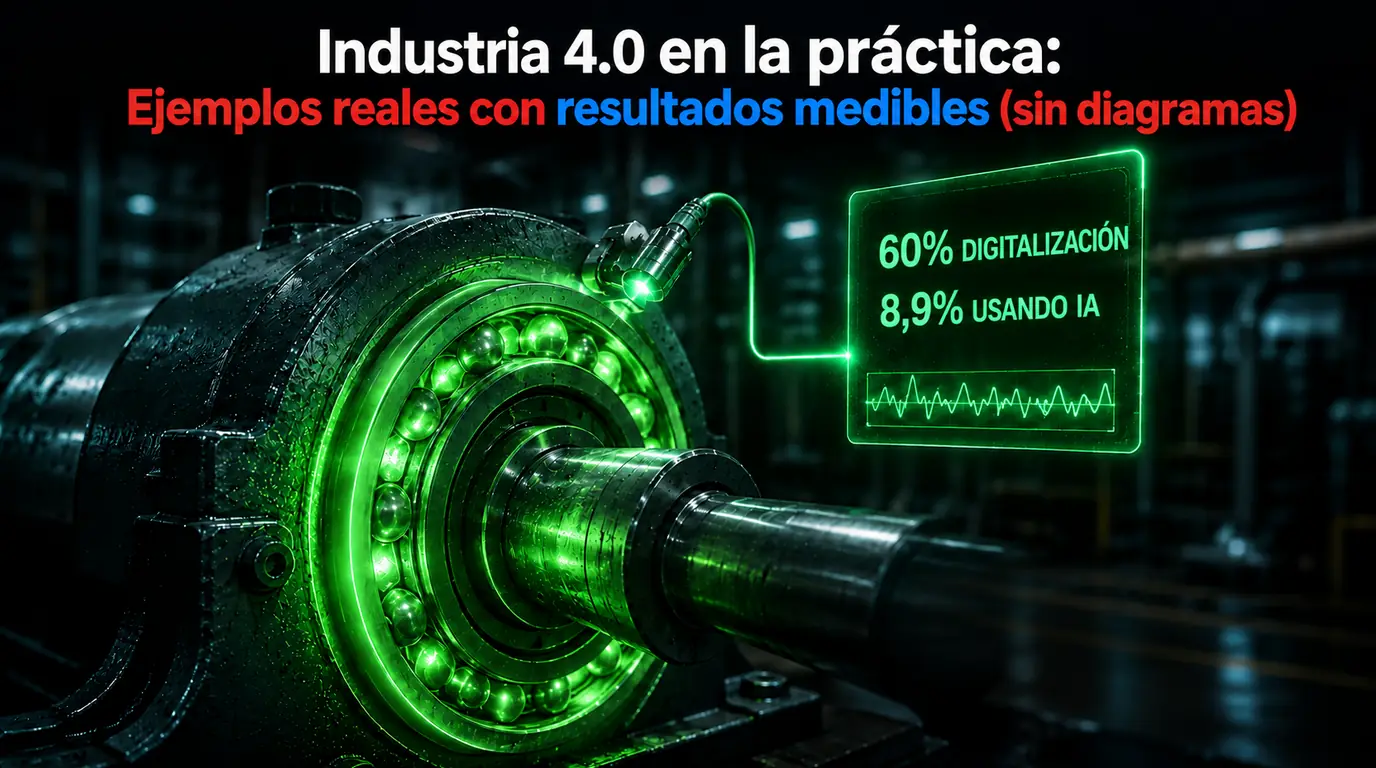 Industria 4.0 en la práctica — un conjunto de rodamiento industrial instrumentado sobre un eje de máquina, iluminado y conectado a un panel de monitorización en vivo que lee su estado de funcionamiento