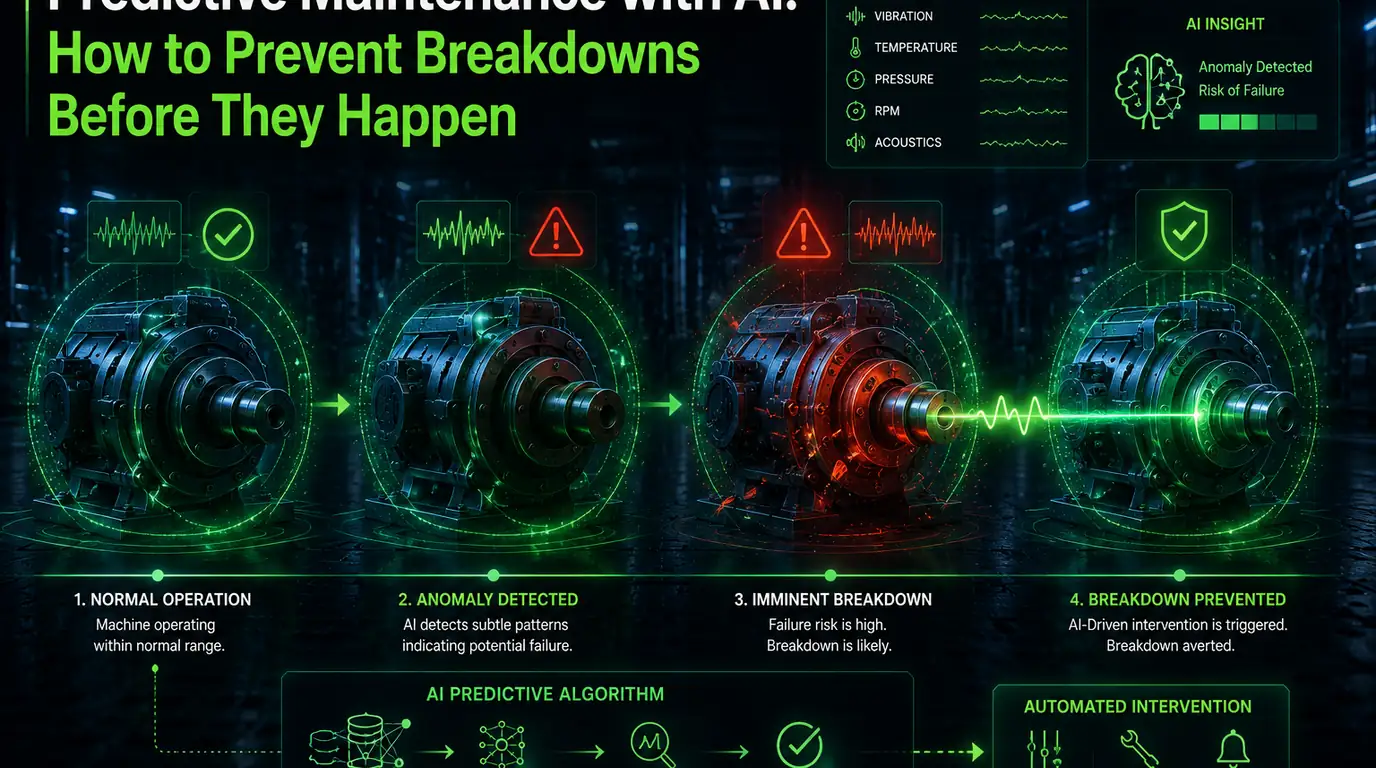 Predictive maintenance with AI — the same rotating machine at four stages, from normal operation through anomaly detected and imminent breakdown to breakdown prevented, under a panel monitoring vibration, temperature, pressure, RPM and acoustics