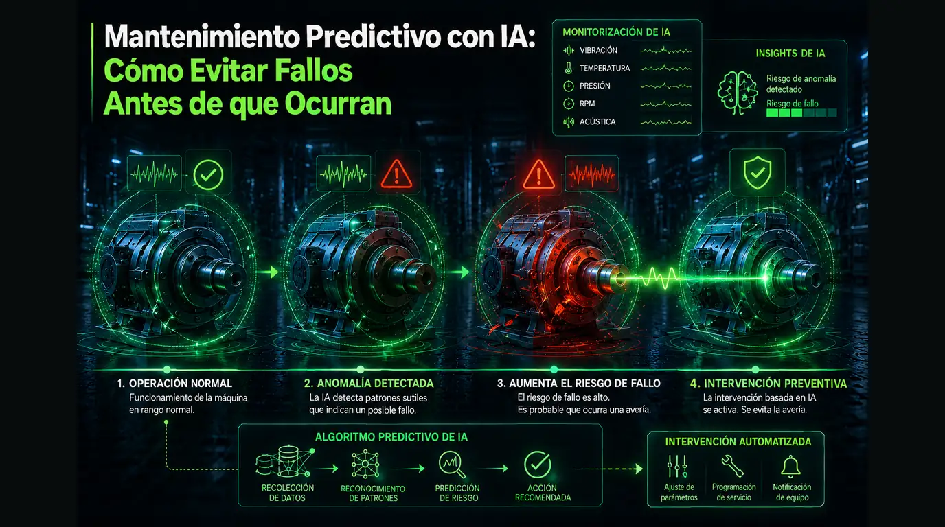 Mantenimiento predictivo con IA — la misma máquina rotativa en cuatro estados, de operación normal a anomalía detectada, avería inminente y avería evitada, bajo un panel que monitoriza vibración, temperatura, presión, RPM y acústica