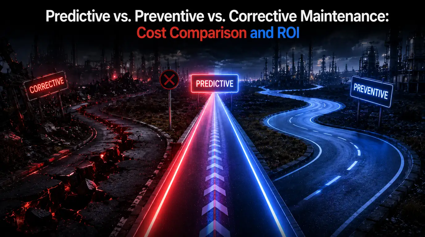 Predictive vs. preventive vs. corrective maintenance — three roads leaving the same industrial landscape: a broken road through wreckage signposted corrective, a long winding road signposted preventive, and a straight lit road signposted predictive