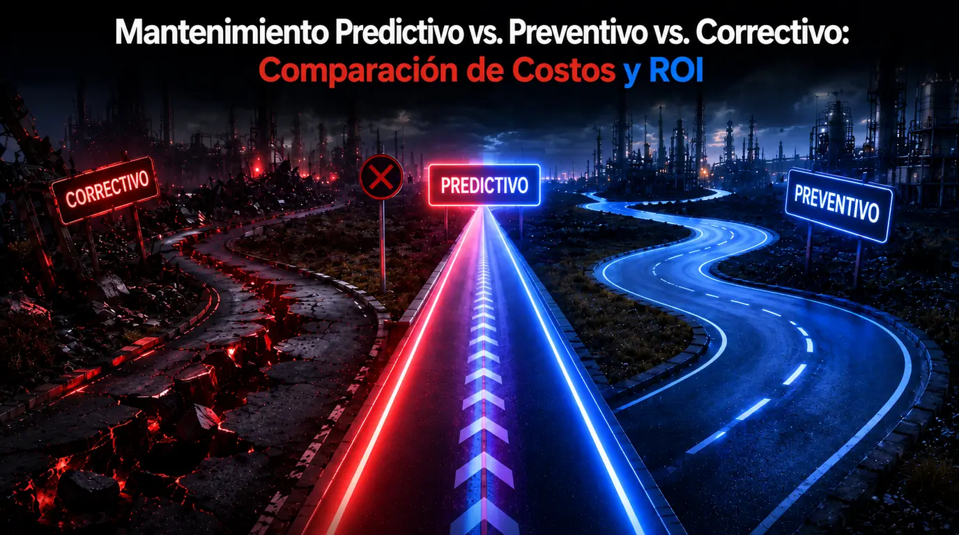 Mantenimiento predictivo, preventivo y correctivo — tres carreteras que salen del mismo paisaje industrial: una vía rota entre chatarra señalizada como correctivo, una carretera larga y sinuosa señalizada como preventivo y una recta iluminada señalizada como predictivo
