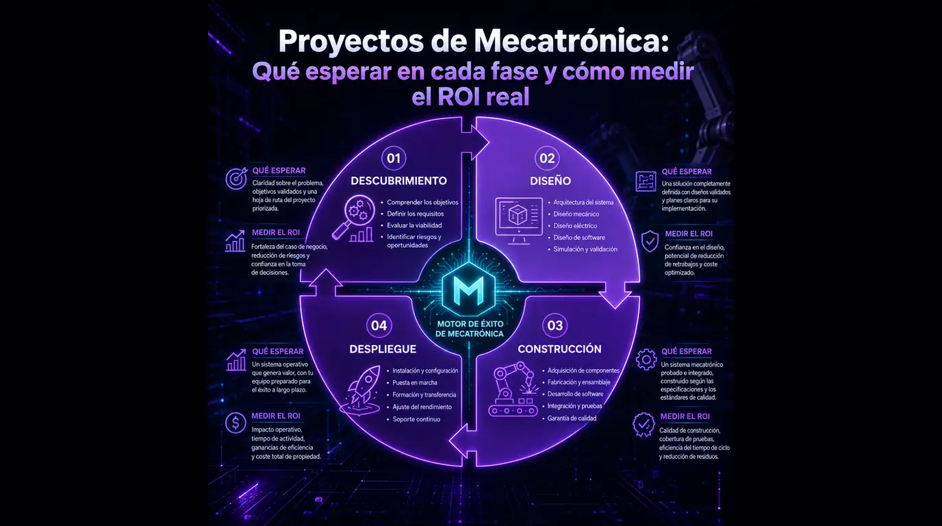 Proyectos de mecatrónica — un ciclo de cuatro cuadrantes (discovery, diseño, construcción y despliegue) y, en cada uno, los entregables que cabe esperar y la señal de ROI que se mide en esa fase