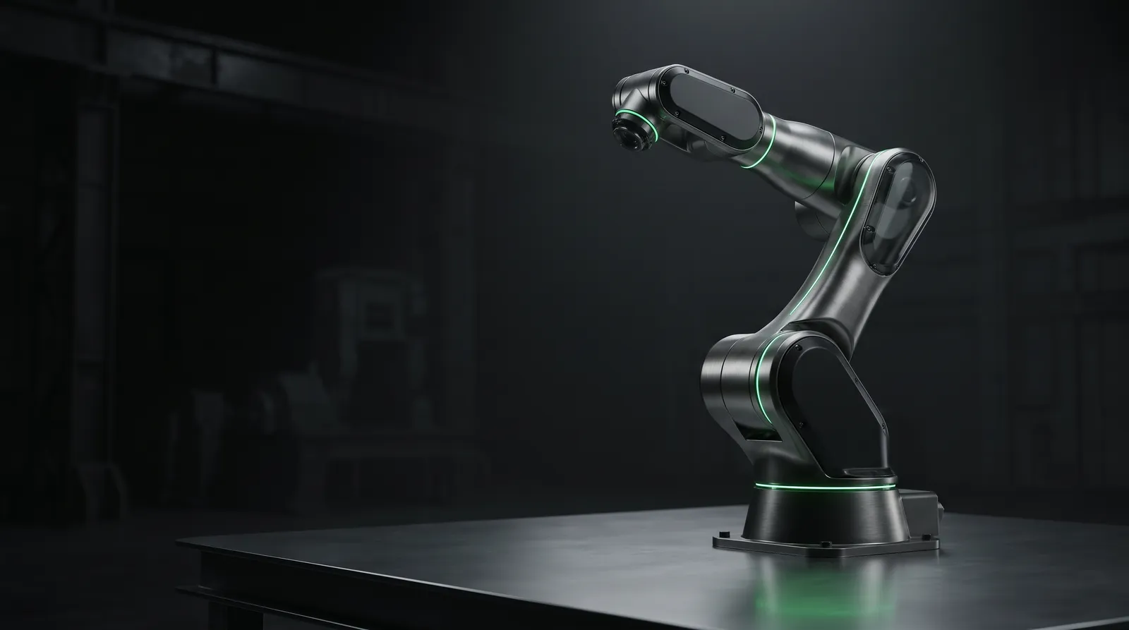 Brazo robótico industrial sobre una plataforma oscura, iluminado en verde
