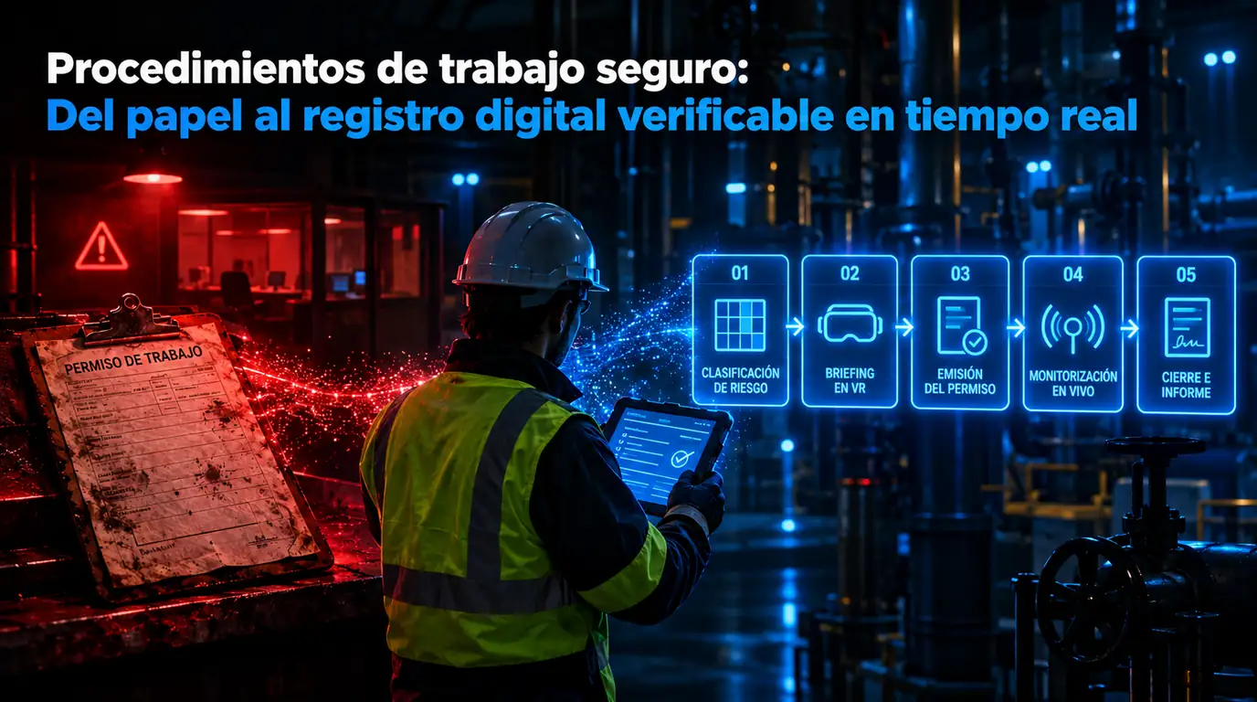 El papel no falla la auditoría. Falla el turno de noche — Secuencia de 5 gates: Clasificación de riesgo, Briefing en VR, Emisión del permiso, Monitorización en vivo, Cierre e informe.