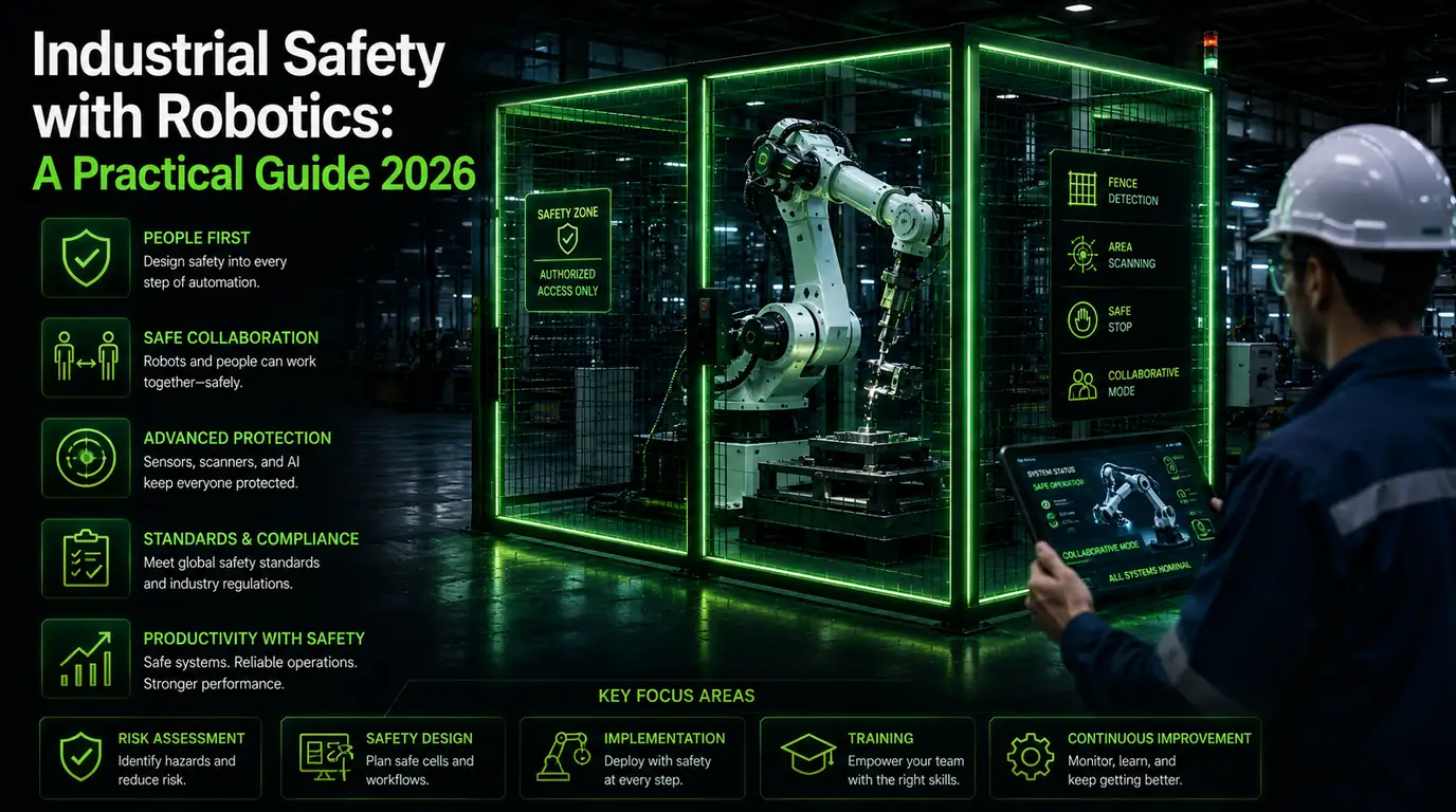 Machinery safety for equipment manufacturers — a fenced robot cell with authorised-access zoning, fence detection, area scanning, safe stop and collaborative mode, monitored by an operator on a tablet, alongside the focus areas: risk assessment, safety design, implementation, training and continuous improvement