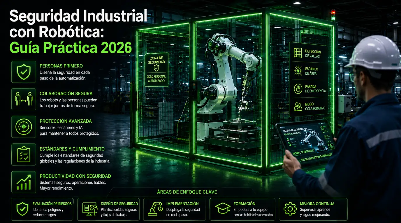 Seguridad de máquinas para fabricantes — una celda robotizada vallada con zonificación de acceso autorizado, detección de valla, escaneo de área, parada segura y modo colaborativo, supervisada por un operario con una tablet, junto a las áreas clave: evaluación de riesgos, diseño seguro, implantación, formación y mejora continua