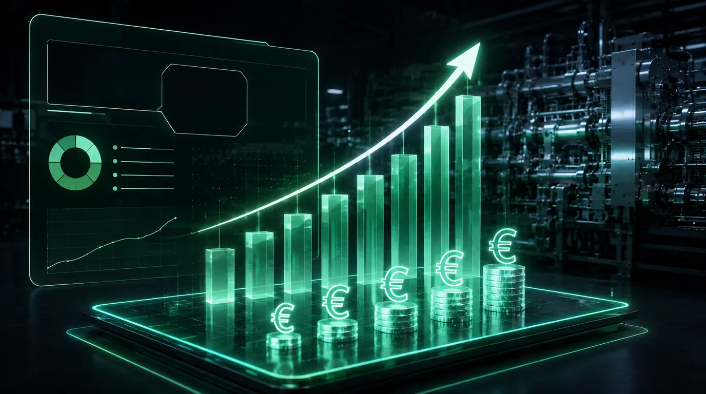 A holographic bar chart of stacked euro coins rising along an upward trend arrow, projected above a tablet on a factory floor
