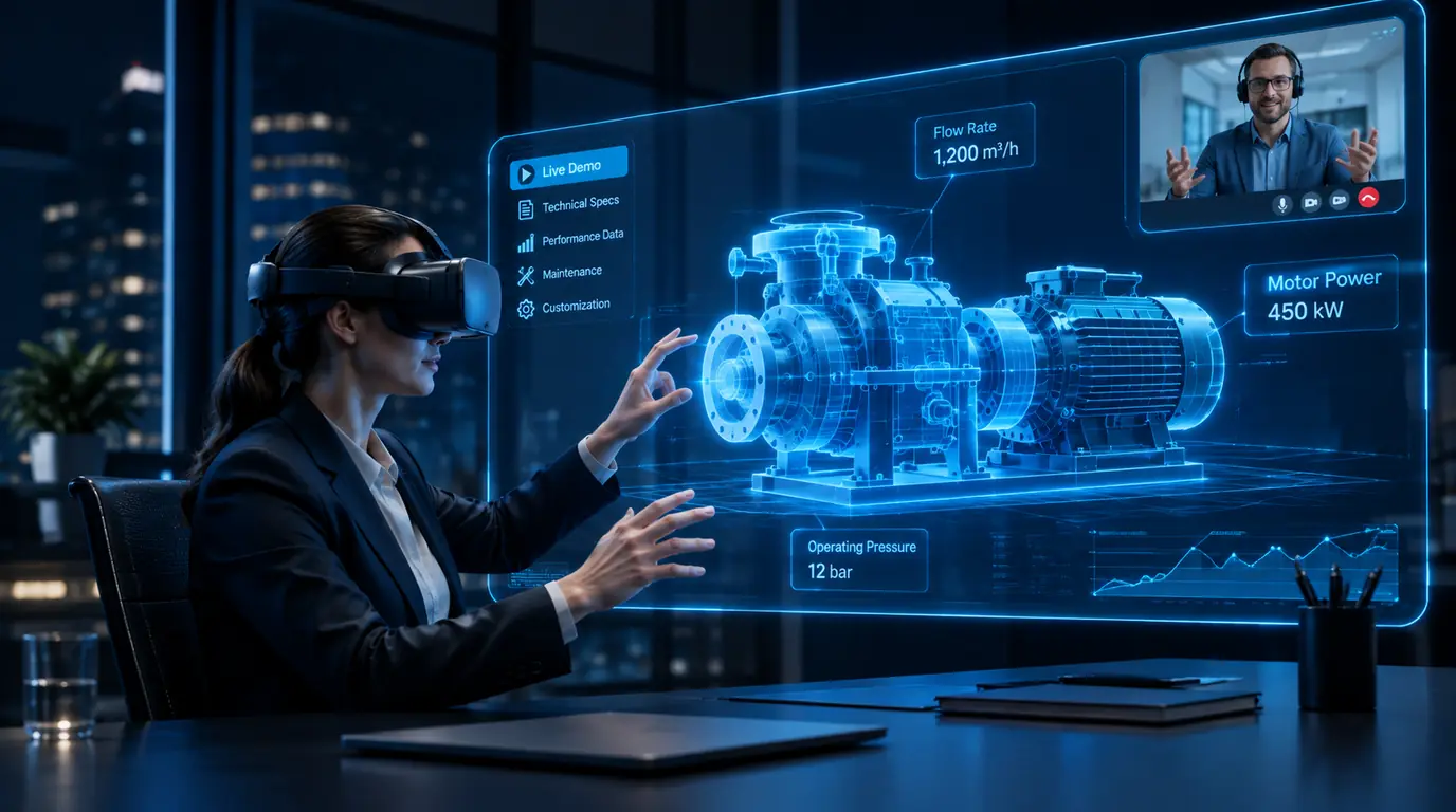 Una ingeniera de ventas con visor VR presenta el gemelo digital de una bomba en una videollamada, con caudal, potencia del motor y presión de trabajo junto al modelo