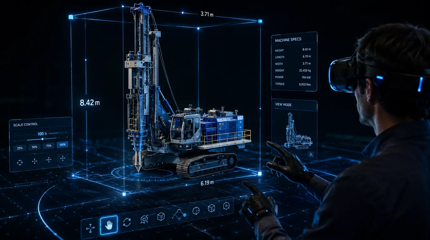 A buyer in a VR headset inspecting a drilling rig at full scale, with its height, length and width dimensioned and a machine specification panel beside it