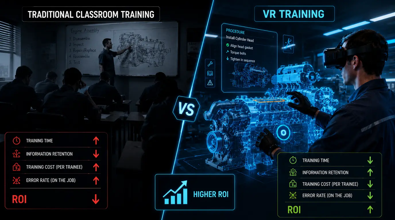 A classroom session at a whiteboard on one side and a trainee in a VR headset working through an engine assembly on the other, with arrows marking the direction each format moves training time, retention, cost per trainee and on-the-job error rate