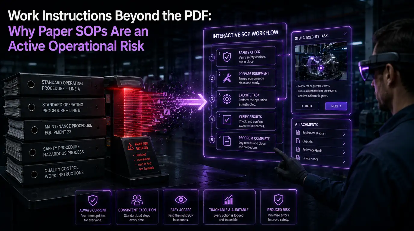 Work instructions beyond the PDF — a stack of printed standard operating procedures flagged as an active operational risk dissolving into an interactive SOP workflow, with a technician in an AR headset executing a step and confirming it against the attached diagrams and checklists