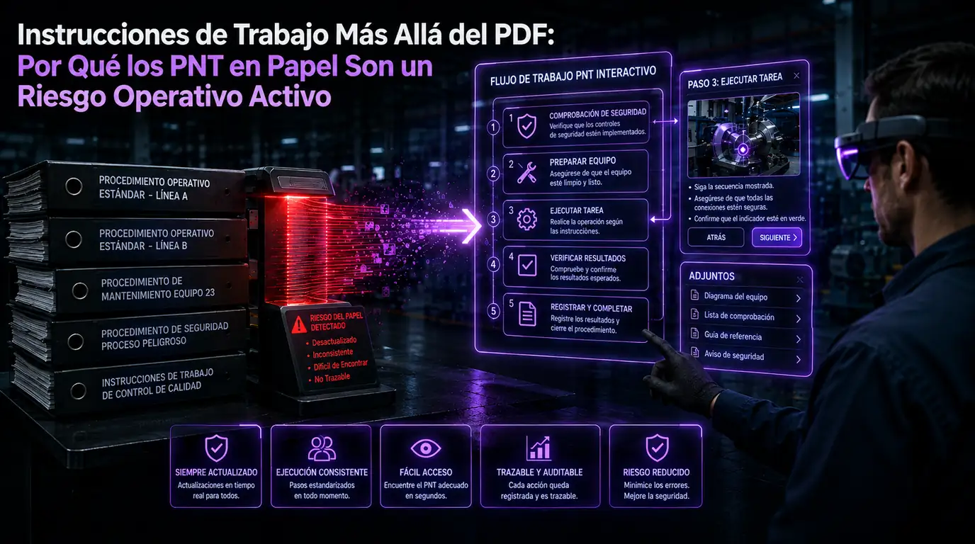Procedimientos de trabajo más allá del PDF — una pila de procedimientos impresos marcada como riesgo operativo activo se disuelve en un flujo de trabajo SOP interactivo, con un técnico con gafas AR ejecutando un paso y confirmándolo contra los diagramas y checklists adjuntos