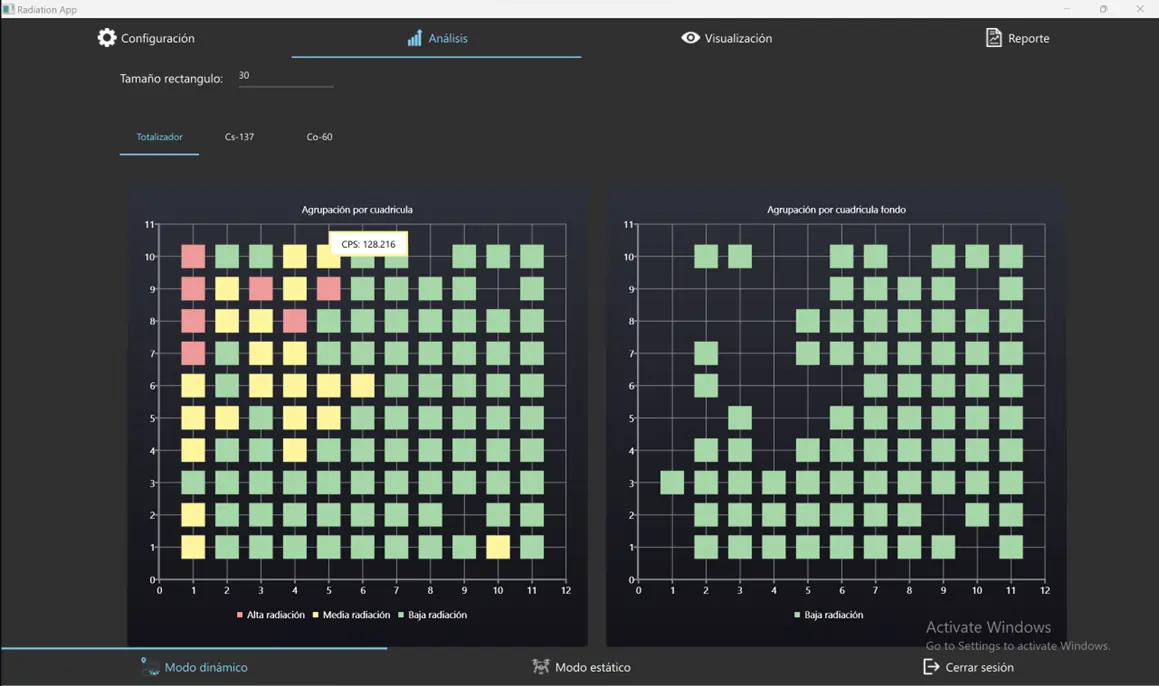 Interfaz principal del software de análisis de radiación desarrollado para Enusa Industrias Avanzadas con visualización de datos en tiempo real