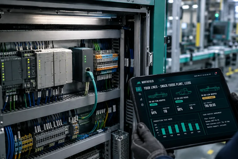 An edge gateway mounted on the DIN rail of a machine's control cabinet, next to the PLC, while a technician holds a tablet showing the customer portal