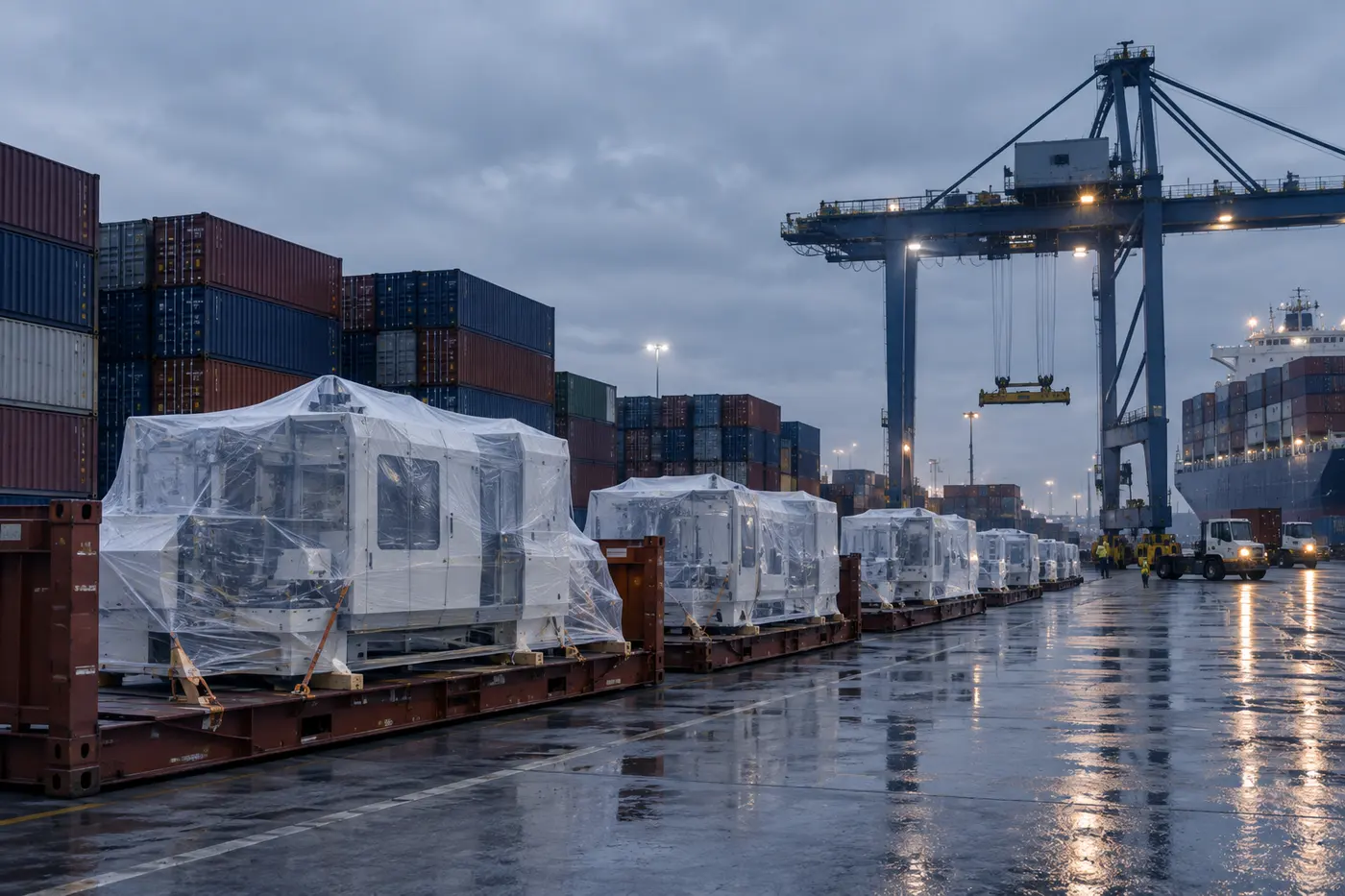 Máquinas industriales embaladas sobre plataformas en una terminal de contenedores, esperando a ser cargadas en un buque