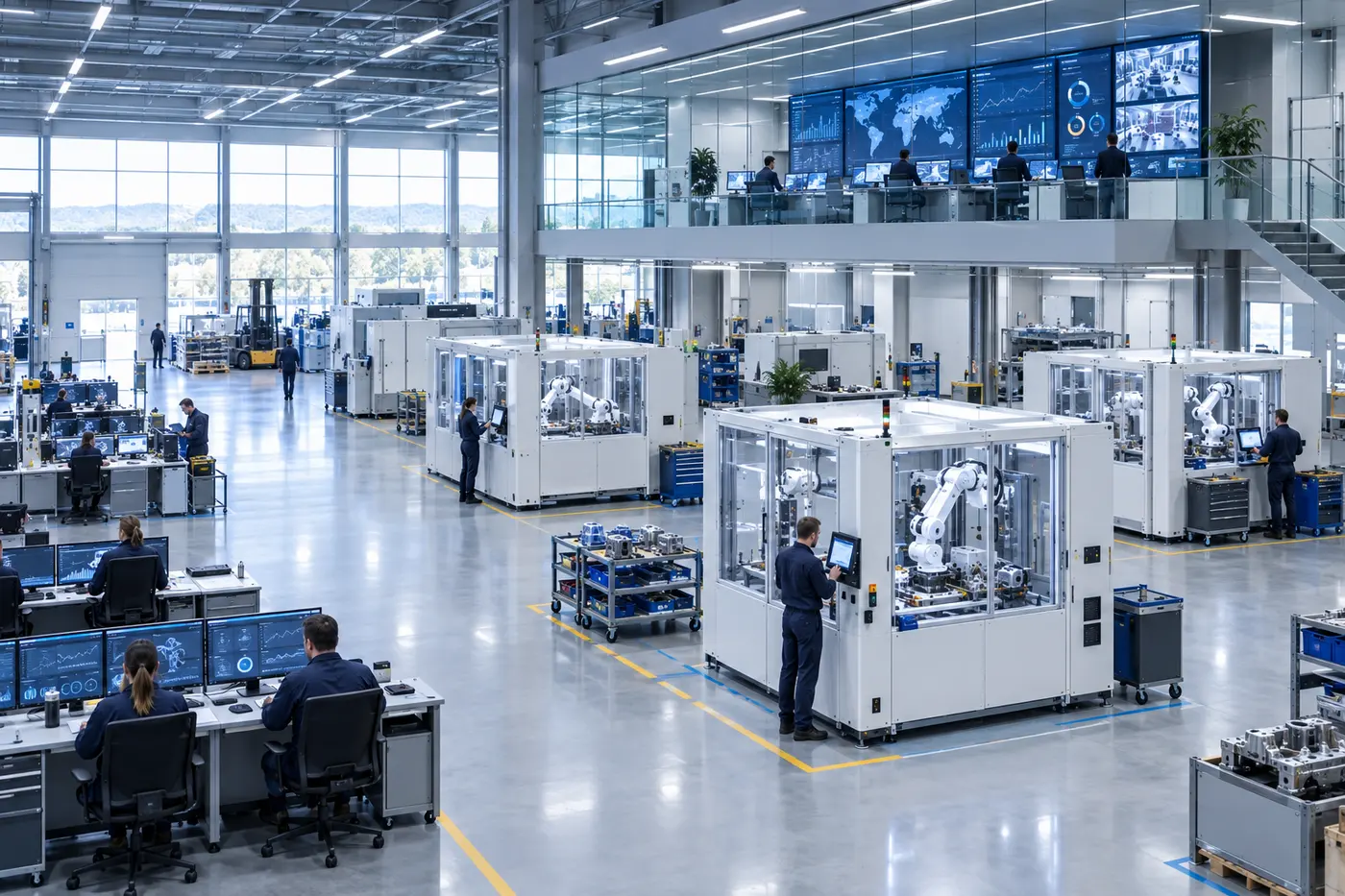 Planta de una gran corporación industrial con decenas de células robotizadas y una sala de control acristalada llena de cuadros de mando en tiempo real