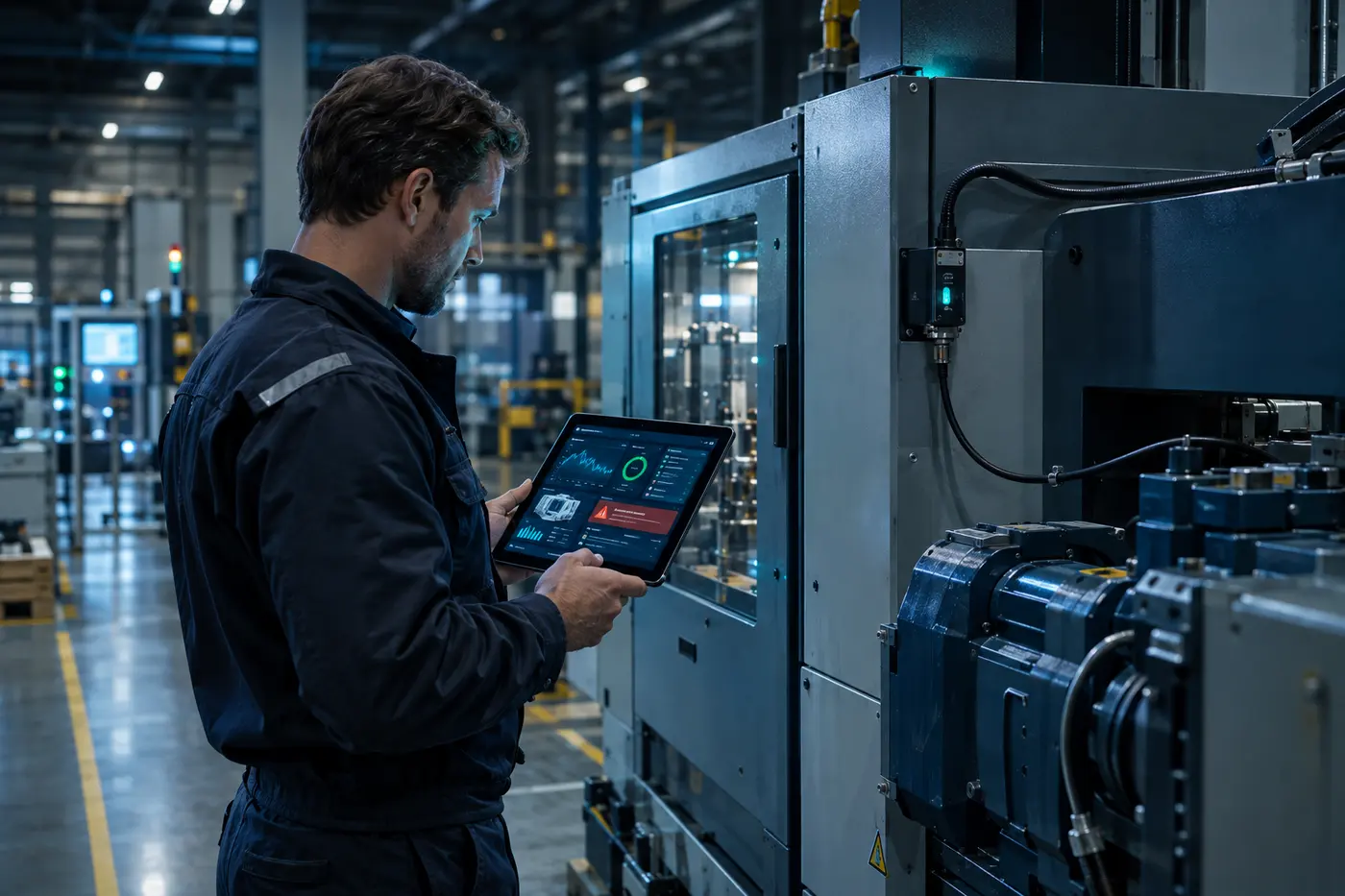 Técnico de servicio consultando en una tablet el estado en tiempo real de una máquina conectada dentro de la planta del cliente